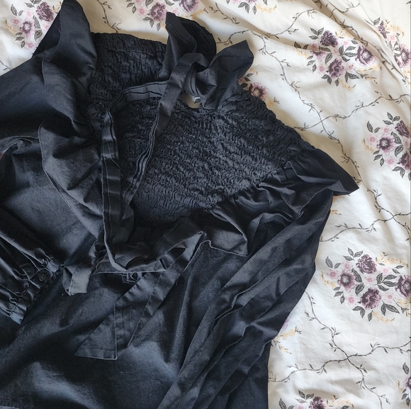 Zara Poplin Blouse Bow Tie Ruffl Black Size Zipper Peasant Top Size Small Womens - Picture 8 of 8